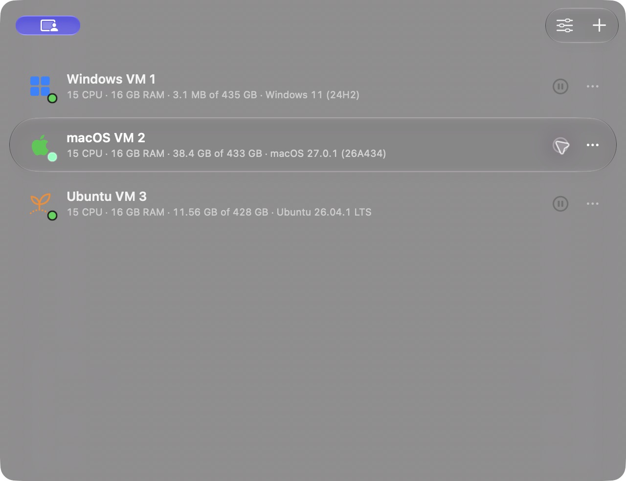 VMPalでmacOS・Windows・Ubuntuの3台を同時に動かしている画面